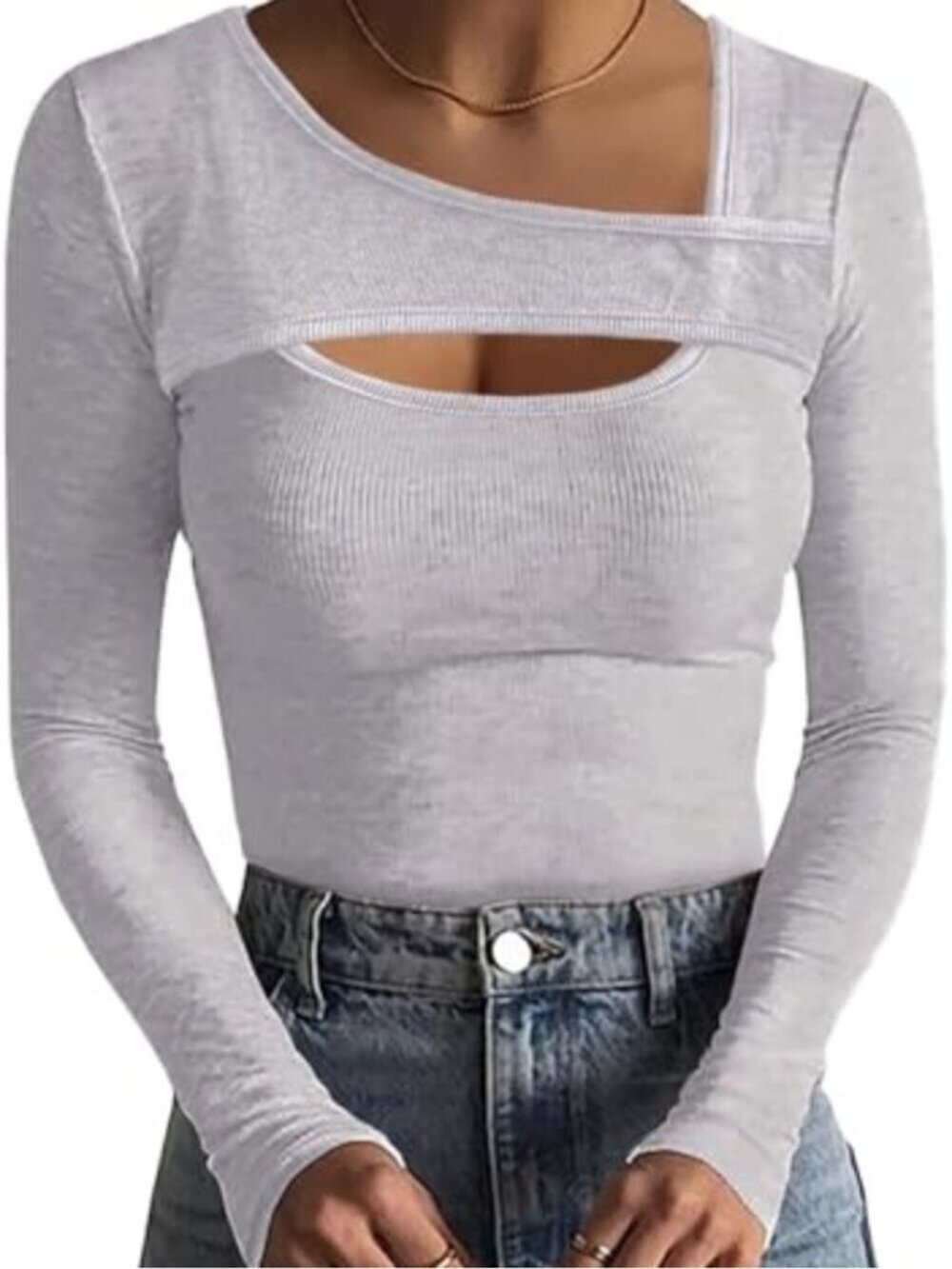 Women's Basic T Shirts One Piece Cutout Tops Long Sleeve Ribbed Slim Fitted